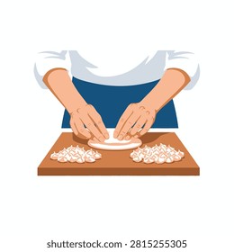 A vector illustration showing a baker's hands working with dough on a wooden cutting board. The scene includes two piles of small, hand-shaped dumplings or meringues ready for cooking. The person is wearing a professional white chef's shirt and a blue apron, focusing on the craft of handmade food preparation.