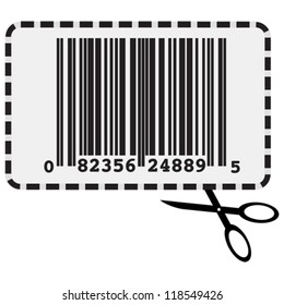 Vector illustration showing a barcode with a dotted line around it and a pair of scissors, as a proof of purchase coupon