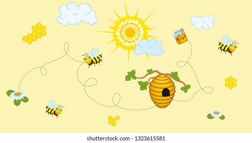 Vector illustration showing bees flying to flowers on a sunny day. Honey is also shown.