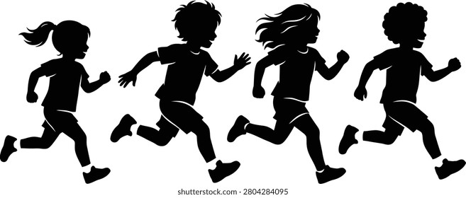 A vector illustration showing a black silhouette of a group of joyful children running together against a white
