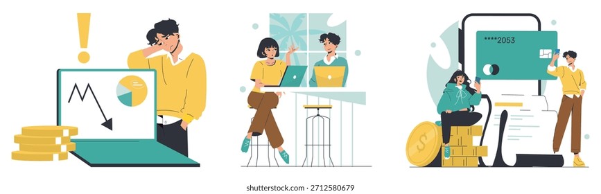 Ilustración vectorial que muestra los desafíos comerciales con la caída del mercado de valores, la colaboración de trabajo en equipo y el pago digital con tarjetas de crédito. Las emociones van desde la preocupación hasta el trabajo en equipo y la innovación.