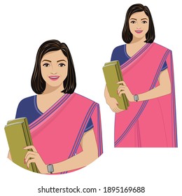 Vector illustration showing a cheerful lady wearing a sari holding books.