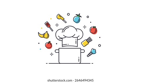 Vector illustration showing chef hat and kitchen utensils floating above a cooking pot