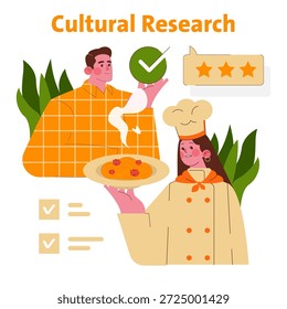Ilustración vectorial que muestra a un chef sosteniendo pasta como un símbolo de la investigación cultural. Un crítico evalúa el plato positivamente, representando el aprecio y el Comentarios culinario.