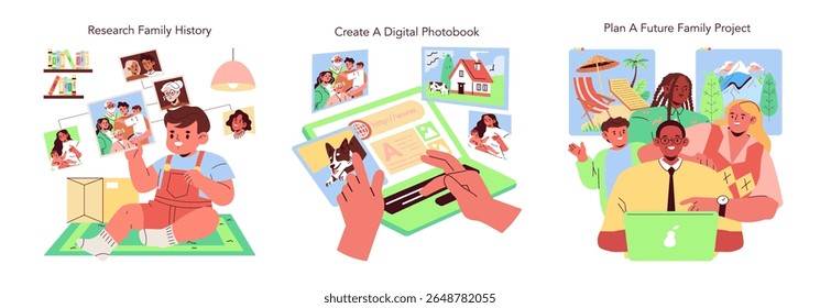 Vector illustration showing a child researching family history, hands creating a digital photobook, and a family planning their future. Emphasizes nostalgia, connection, and memory preservation.