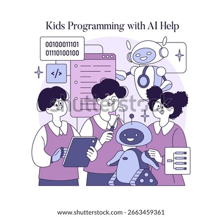 Vector illustration showing children engaged in programming activities with AI. Features happy kids interacting with robots and code on digital devices, illustrating fun learning experiences.