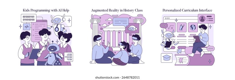 Vector illustration showing children engaging with AI in learning tasks. Scenes include programming with a robot, exploring history via augmented reality, and personalized study interfaces.