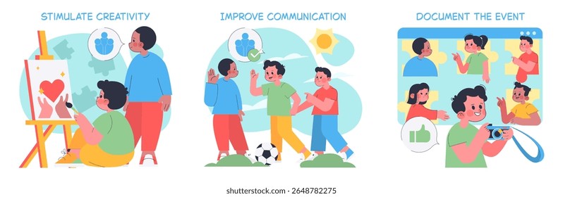 Vector illustration showing children engaging in creative painting, improving communication through team activities, and documenting events using a camera. Emphasizes creativity, teamwork, and memory