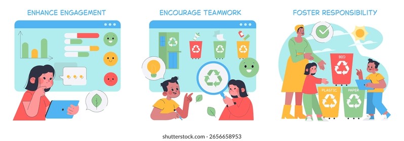 Ilustración vectorial que muestra a los niños aprendiendo sobre el reciclaje y la responsabilidad ambiental. Fomento del trabajo en equipo y de hábitos sostenibles a través de actividades lúdicas.