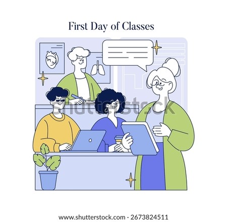 Vector illustration showing a classroom scene on the first day of classes. A teacher stands smiling at students, who are engaged and attentive, using laptops and tablets.
