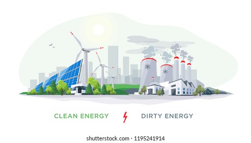 Vector illustration showing clean and dirty electricity generation production. Polluting fossil thermal coal and nuclear power plants versus clean solar panels and wind turbines renewable energy.