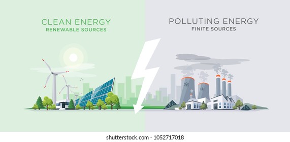 Vector illustration showing clean and polluting electricity generation production. Polluting fossil thermal coal and nuclear power plants versus clean solar panels and wind turbines renewable energy.