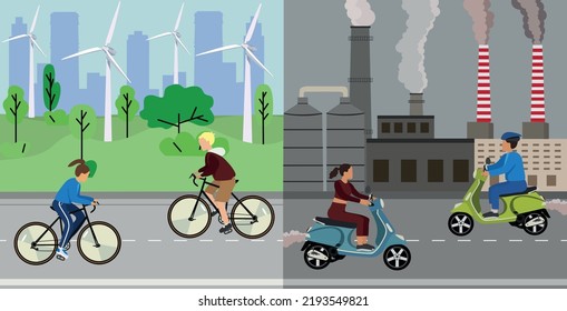 Vector Illustration Showing Clean And Polluting Electricity Generation Production. Polluting Fossil Thermal Coal And Nuclear Power Plants Versus Clean Solar Panels And Wind Turbines Renewable Energy.