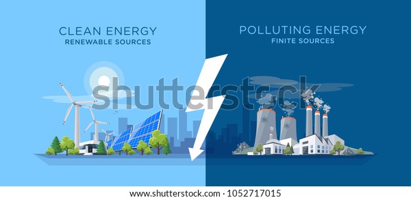 発電のクリーンと汚染を示すベクターイラスト 化石燃料の石炭や原子力発電所を汚染し クリーンソーラーパネルや風力タービンの再生可能エネルギーを汚染している のベクター画像素材 ロイヤリティフリー