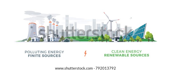 Векторная иллюстрация, показывающая экологически чистое и загрязняющее производство электроэнергии. Загрязнение ископаемого термального угля и атомных электростанций по сравнению с чистыми солнечными батареями и ветряными турбинами возобновляемой энергии.