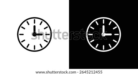 Vector illustration showing a clock icon presented in both black on white and white on black, indicating a time close to nine o'clock with simple, clear design.