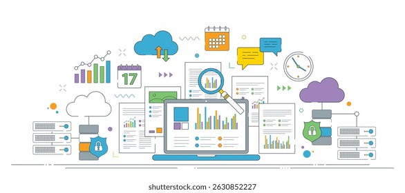 Vector illustration showing cloud data analytics with graphs, platform with secure servers, calendar, charts, speech bubbles, documents and calendar for cloud data tracking on laptop screen.