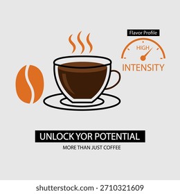 Uma ilustração vetorial mostrando um grão de café, café quente e um perfil de sabor de alta intensidade, incentivando o potencial de desbloqueio.
