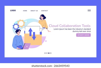 Ilustración vectorial que muestra herramientas de colaboración con dos personas que interactúan en un Sitio web. Muestra el uso compartido de archivos, el trabajo en equipo y la interacción digital para las herramientas de colaboración en la nube.