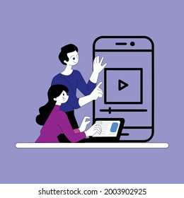Vector illustration showing colleagues working on app development. 