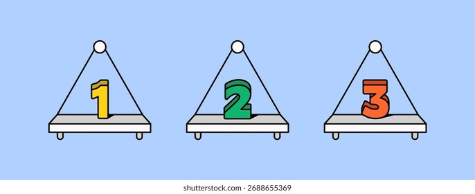 Ilustração vetorial mostrando números coloridos 3d, um, dois e três, colocados em prateleiras suspensas contra um plano de fundo azul suave. Perfeito para educação, classificação, realização e infográfico