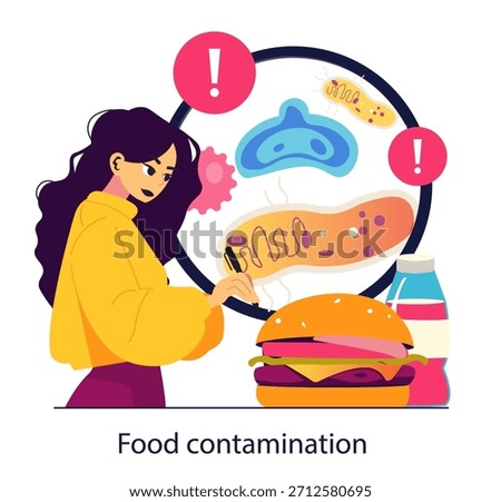 Vector illustration showing a concerned person examining a burger under a magnifying glass, highlighting bacteria and food contamination indicators. Emphasizes food safety and hygiene.