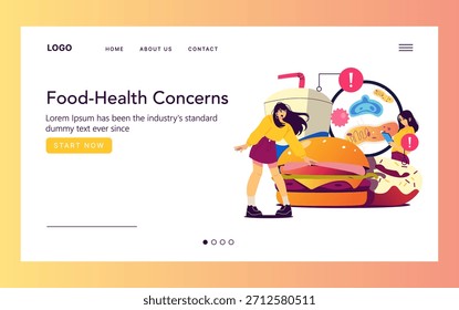 Vektorgrafik, die Bedenken hinsichtlich ungesunder Nahrungswahl zeigt. Zwei Personen interagieren mit einem riesigen Burger und Warnschildern, die Gesundheitsrisiken im Zusammenhang mit Fast Food hervorheben.