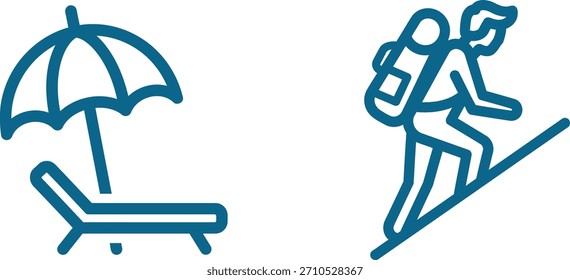 Ilustración vectorial que muestra el contraste entre relajarse en la playa y el senderismo en las montañas que representa diferentes estilos de vacaciones y opciones en gráficos delineados atrevidos
