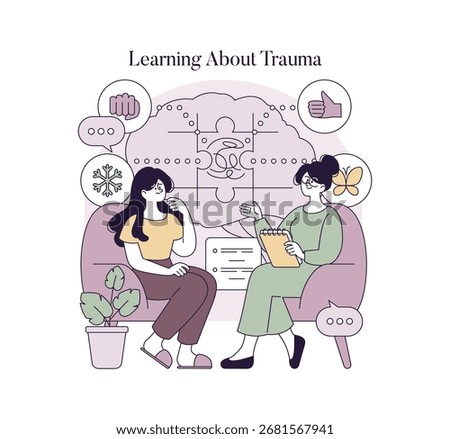 Vector illustration showing a counseling session on trauma. Two individuals engage in discussion, one with a notebook, on a couch with emotional expression symbols surrounding them.