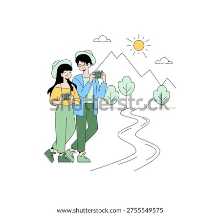 Vector illustration showing a couple enjoying a nature walk in a mountainous landscape with cameras. Sun, trees, and clouds add to the serene outdoor setting.