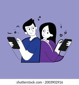 Vektorgrafik, die ein Paar mit einer Online-Dating-Anwendung zeigt. 