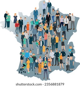 Vector illustration showing a crowd of people on the map of France. Representation of the French population
