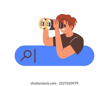 A vector illustration showing a curious young guy with a joyful expression and binoculars browsing the Internet through a search bar on a white background.