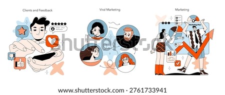 Vector illustration showing customer feedback, viral marketing, and a detailed marketing plan. Features diverse faces representing clients and strategists in dynamic interaction.