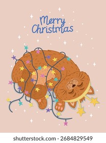 Una Ilustración vectorial que muestra a un lindo gatito durmiendo y enredado en luces de vacaciones. Tarjeta de Nuevo Año.