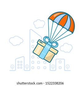 Vector illustration showing the delivery of a gift, present by parachute.