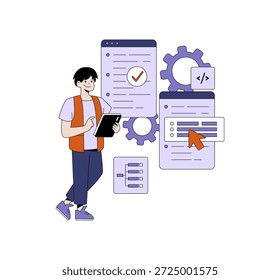 Vector illustration showing a developer reviewing tasks on a tablet, surrounded by UI elements like checklists and gear icons, representing software development and organization.