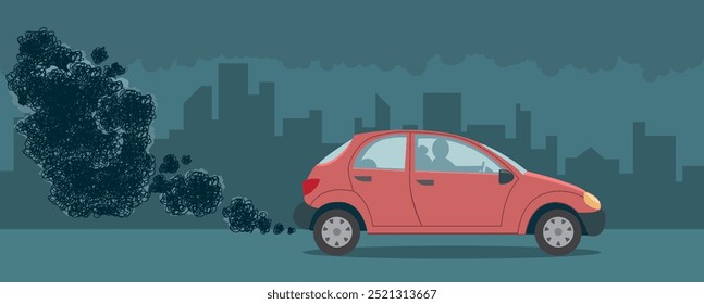 Vector illustration showing a diesel car polluting in the city with a big cloud of smoke coming out of the exhaust
