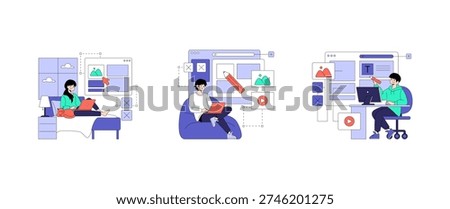 Vector illustration showing different people using laptops and computers for remote work and online collaboration. Includes home, sofa, and desk environments, representing modern digital workspaces.