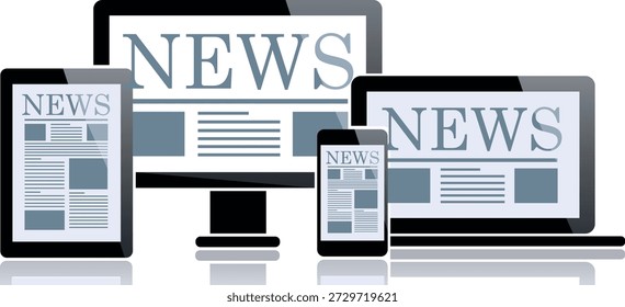 A vector illustration showing digital devices including a desktop monitor, laptop, tablet, and smartphone displaying online news content. Each screen features a newspaper-style layout with the headline “NEWS,” representing the digital transformation of journalism and modern multi-platform news consumption. Ideal for media, technology, and editorial designs.