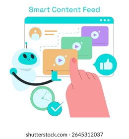 Ilustração vetorial mostrando uma interface digital em que um assistente robótico ajuda a gerenciar um feed de conteúdo inteligente. Os gestos das mãos interagem com o conteúdo, significando facilidade de uso.