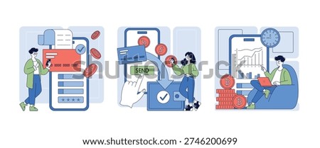 Vector illustration showing digital payment and cryptocurrency transactions. Individuals interact with mobile apps to manage finances, make payments, and analyze cryptocurrency trends.