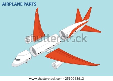 Vector illustration showing disassembled airplane components