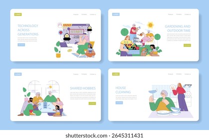 Vector illustration showing diverse activities across generations. Includes technology gaming, outdoor gardening, shared hobbies, and house cleaning, highlighting family interactions and cooperation.