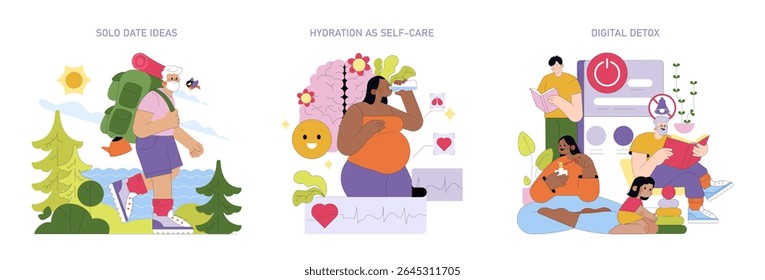 Vector illustration showing diverse self-care activities. A person hiking outdoors, another enjoying hydration for wellness, and a group dedicating time to digital detox and reading.