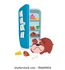 vector illustration showing a dog in front of a refrigerator