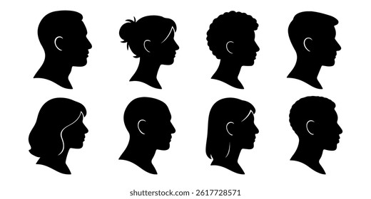 Vector illustration showing eight different male and female head silhouettes in profile, representing diversity in hairstyle and gender.
