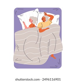 Vector illustration showing an elderly couple sleeping on a bed. This set captures a happy family relationship with a full length top view of a man and a woman in a flat style.