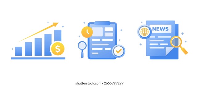 Vector illustration showing elements of business growth, data analysis icons, and industry news, representing concepts of economic progress, productivity, and financial planning.