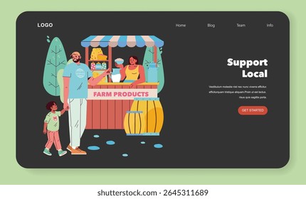 Vector illustration showing a family interaction at a local farm products market stall. A man and child smile while buying goods, with the vendor cheerfully assisting them.